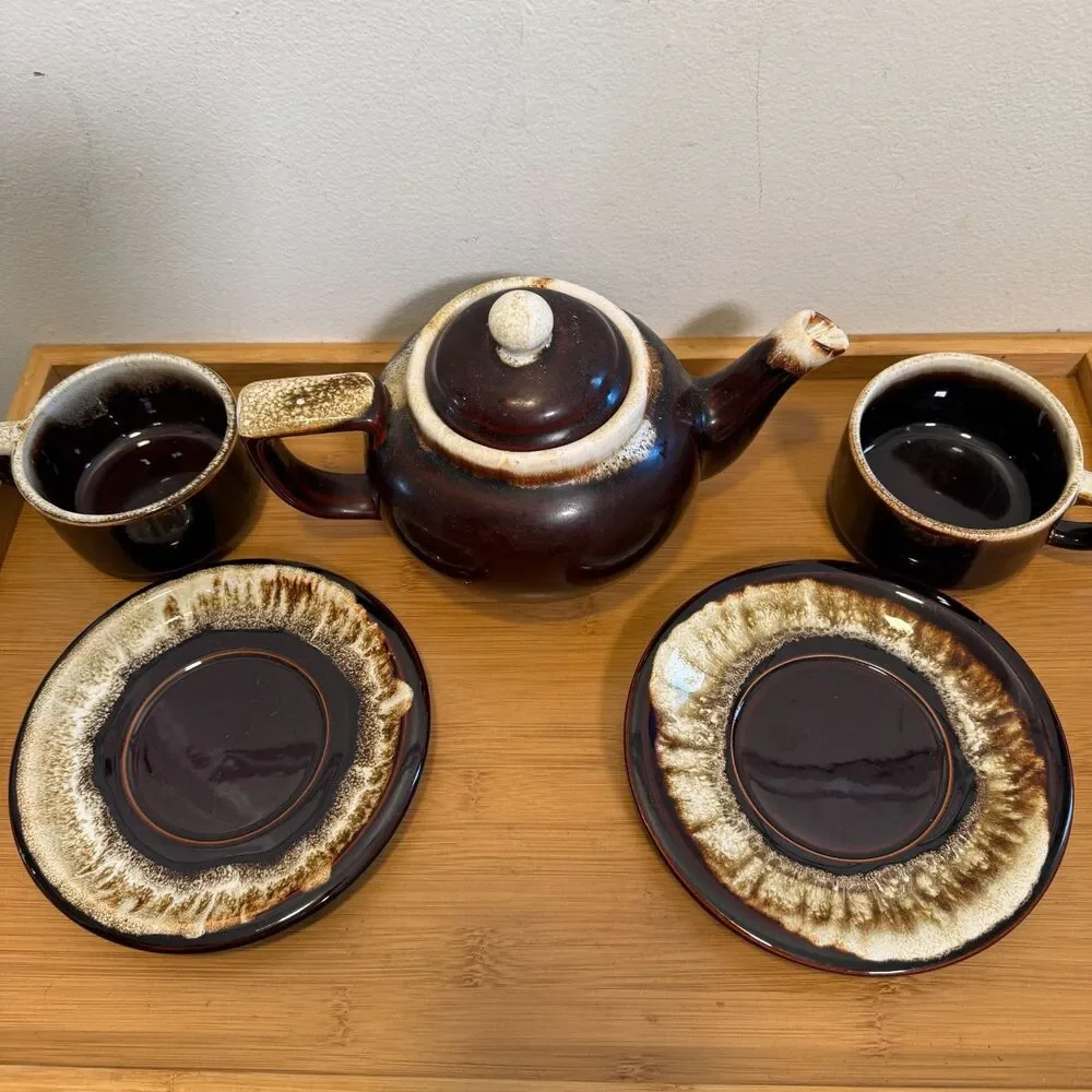 Vintage Pfaltzgraff Gourmet Brown Drip Tea Set Teapot 2 Cups Saucers USA